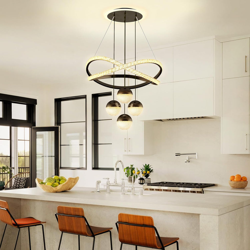 3-Color Dimmable Modern Chandelier with Remote, Adjustable Height Black Pendant Light, Lighting Fixture Dining Table Kitchen Island Living Room Bedroom