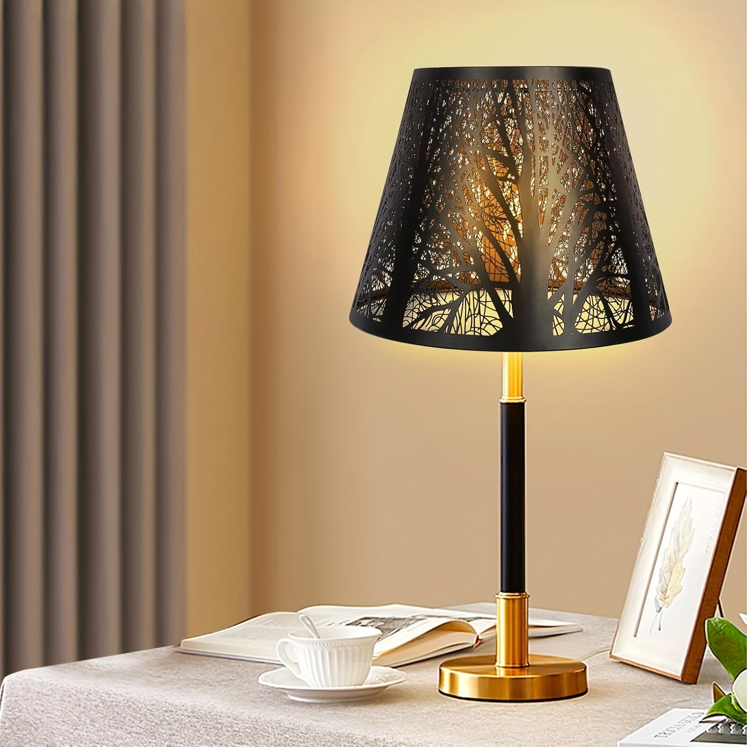 Etched Woodland Metal Lampshade Compatible for Table\u002FFloor Lamps - Black Exterior & Golden Interior Diffuser, Elegant Shade for, Square (7x13x7.8\