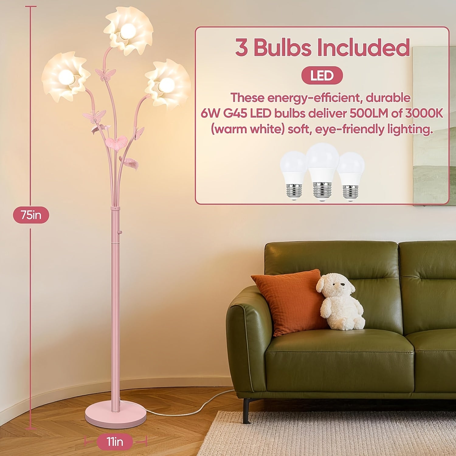 75'' Flower Floor Lamp for Living Room, 3-Light Floral Standing Lamp with Adjustable Gooseneck, Tall Corner Floor Lamp for Bedroom Office, Unique Aesthetic Home Decor, LED Bulbs Included