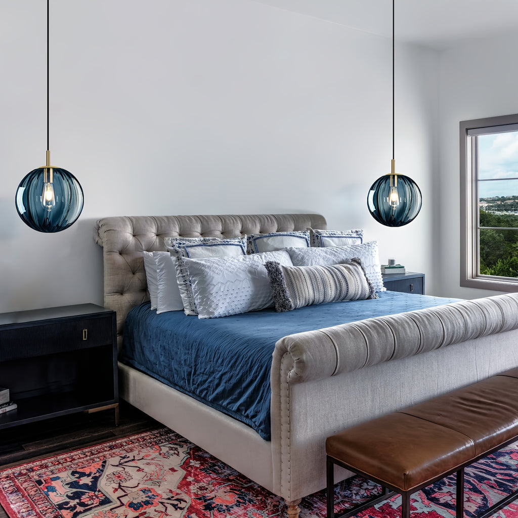 Modern European Minimalist Spherical Pendant Lamp with a Blue Translucent Striped Glass Lampshade, Ideal for Use in Bathrooms, Dining Rooms, Corridors, And Beside Beds in Restaurants (Bulb Not Included)