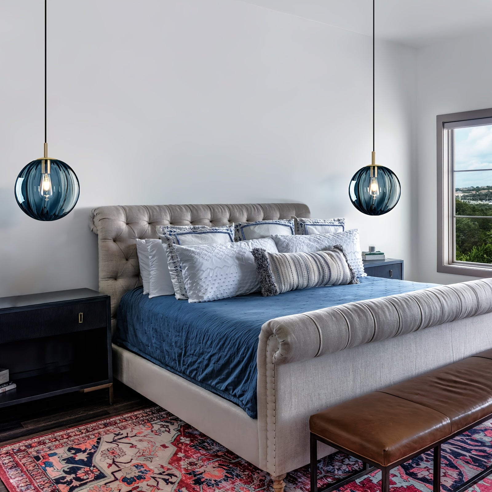 Modern European Minimalist Spherical Pendant Lamp with a Blue Translucent Striped Glass Lampshade, Ideal for Use in Bathrooms, Dining Rooms, Corridors, And Beside Beds in Restaurants (Bulb Not Included)