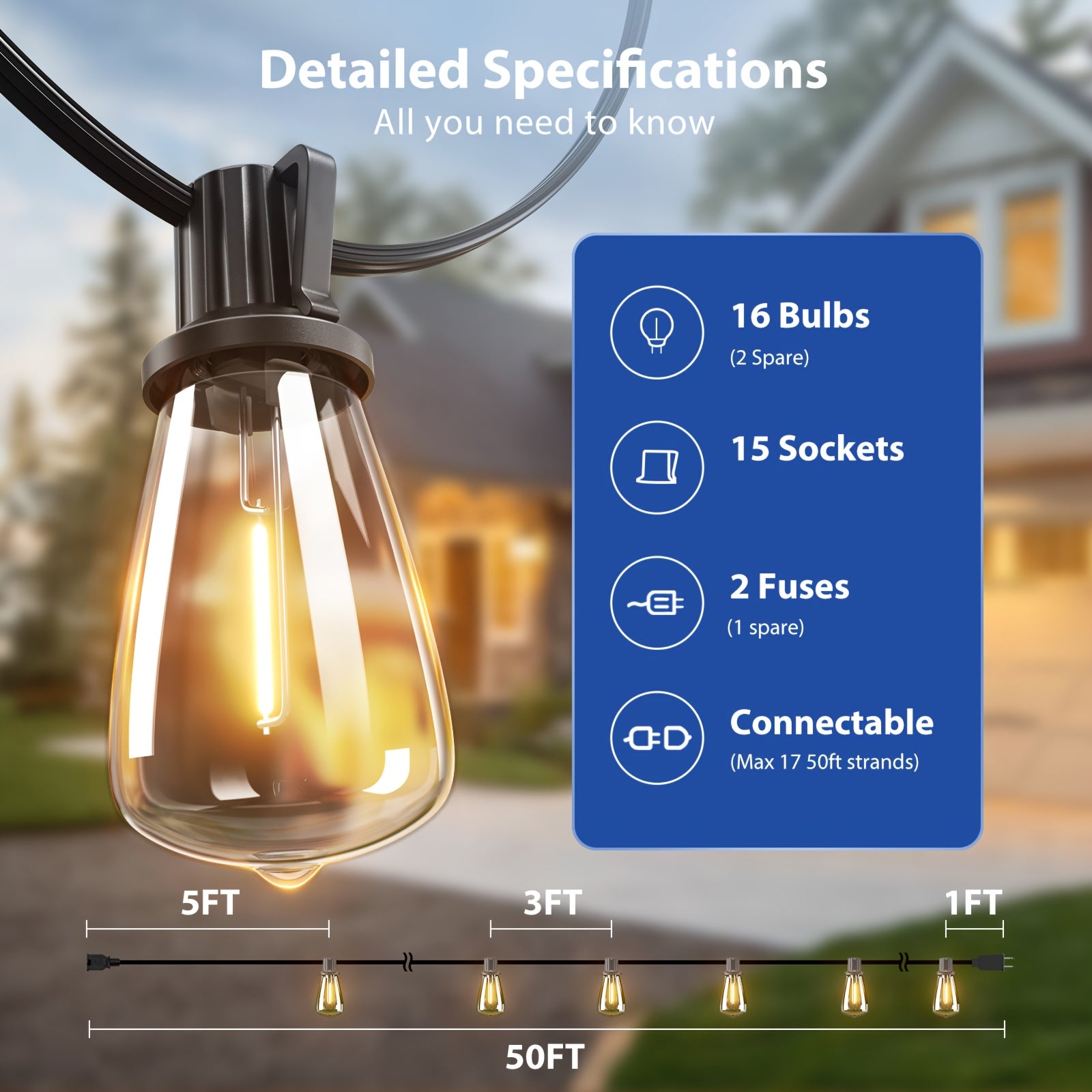 Waterproof Outdoor String Lights | Commercial Grade Led Lights, Optional Remote Control Dimming, Hanging For Backyard, Garden, Pergola, Party, Deck, Multiple Colors, 200Ft\u002F150Ft\u002F100Ft\u002F50Ft\u002F27Ft |, Yellow Light, 120V Plug Powered