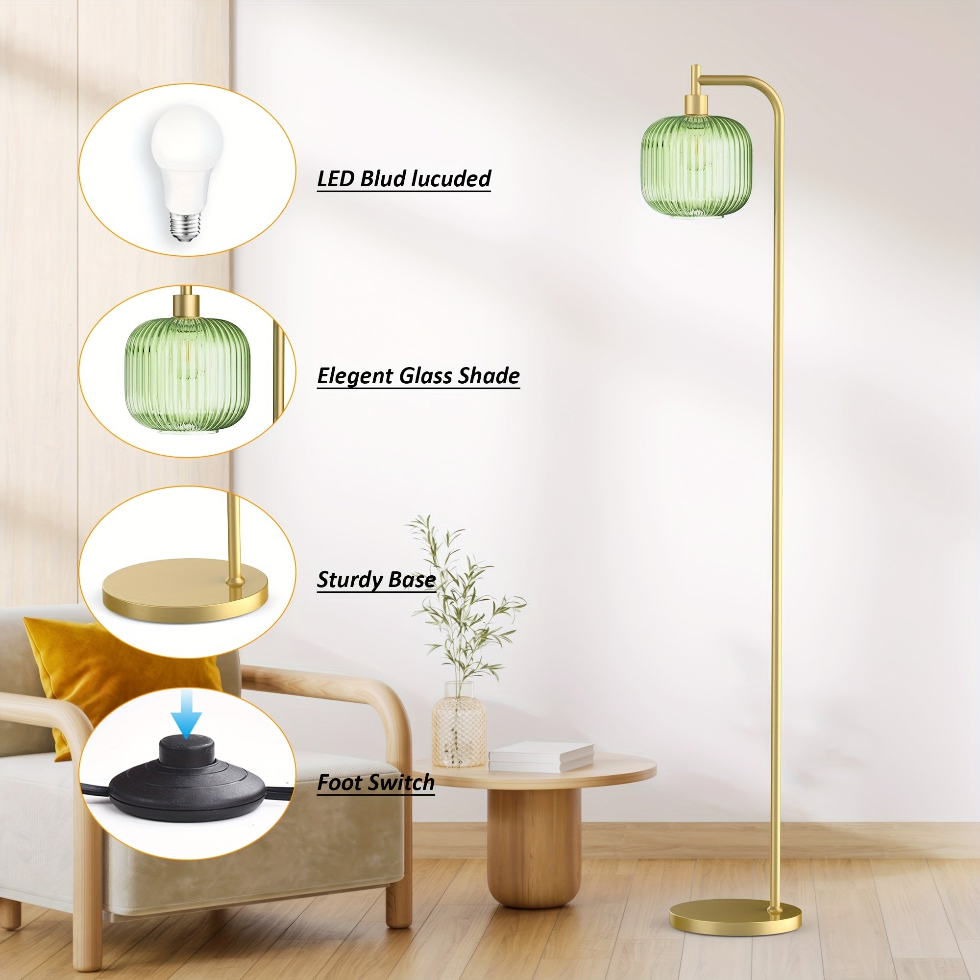 Arched Floor Lamp With Glass Shade, Bulb Included And Magnetic Remote Control, Floor Lamps For Living Room Modern