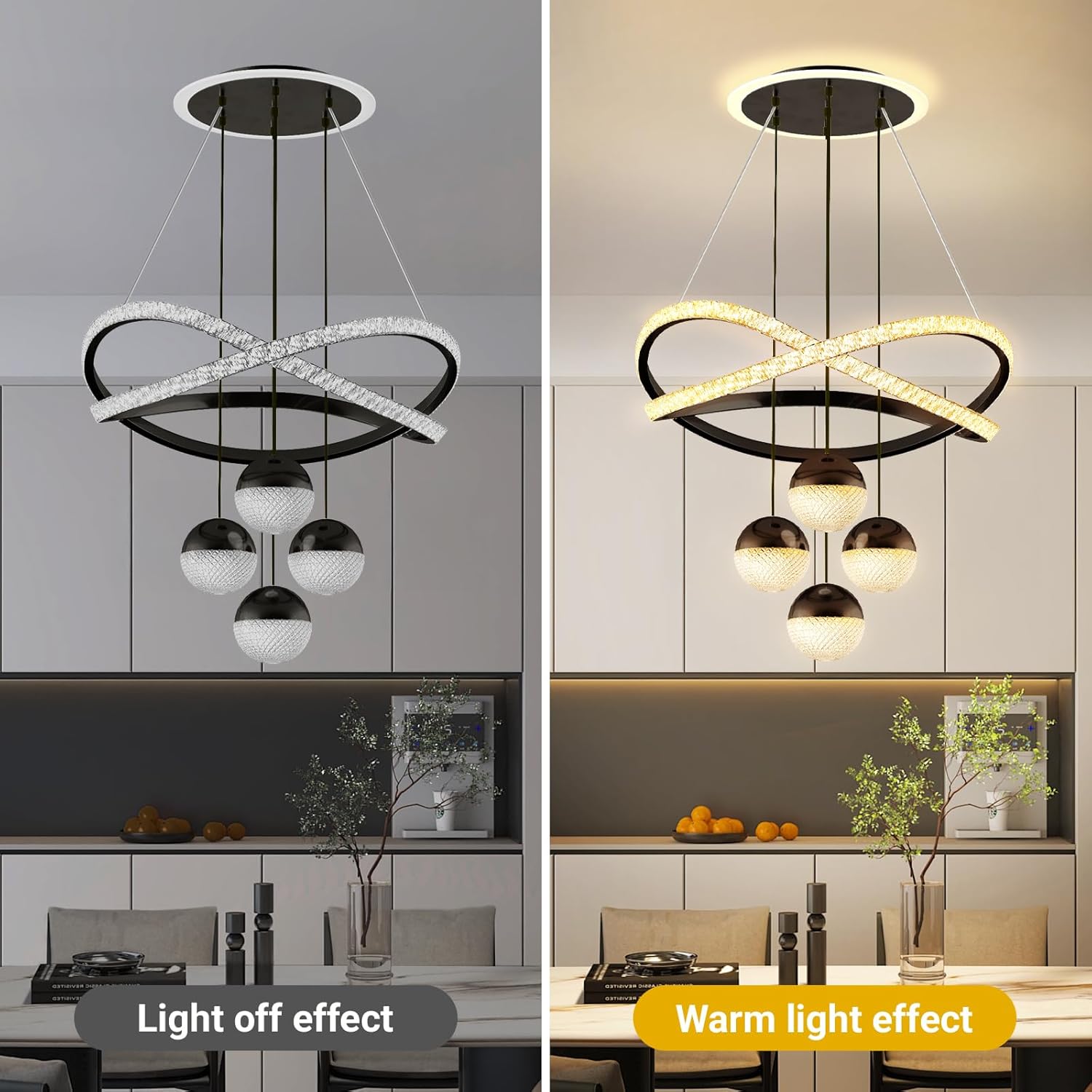 3-Color Dimmable Modern Chandelier with Remote, Adjustable Height Black Pendant Light, Lighting Fixture Dining Table Kitchen Island Living Room Bedroom